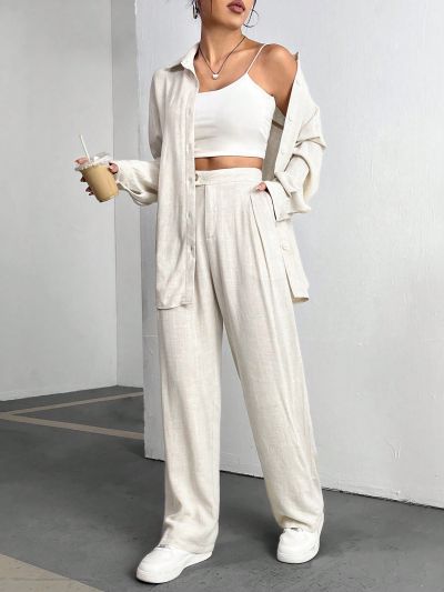 SHEIN EZwear Women's Solid Color Shirt And Long Pants Two-piece Set