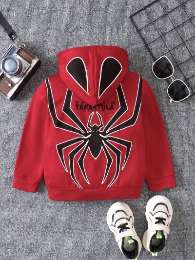 SHEIN Kids QTFun Boys' Spider Printed Hooded Zipper Jacket, Suitable For Autumn (cute Style)