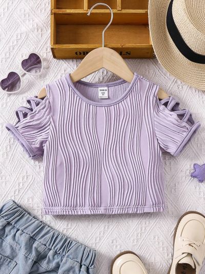 SHEIN Kids EVRYDAY Young Girls' Casual Light Purple Wave Pattern T-Shirt