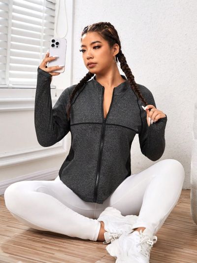 Plus Top-stitching Raglan Sleeve Zipper Front Sports Jacket