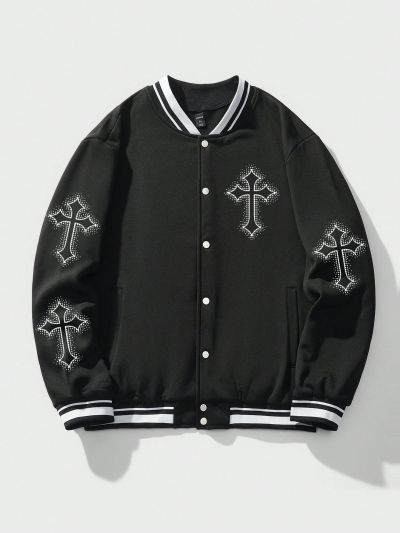 ROMWE Goth Men's Baseball Collar Cross Pattern Fashion Jacket
