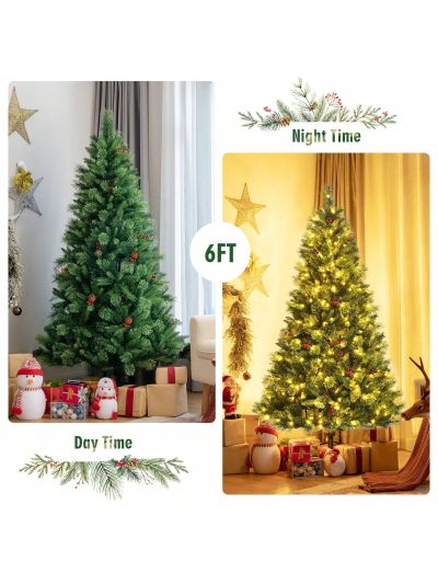Costway 6ft Pre-lit Hinged Artificial Christmas Tree w/ Pine Cones & Red Berries