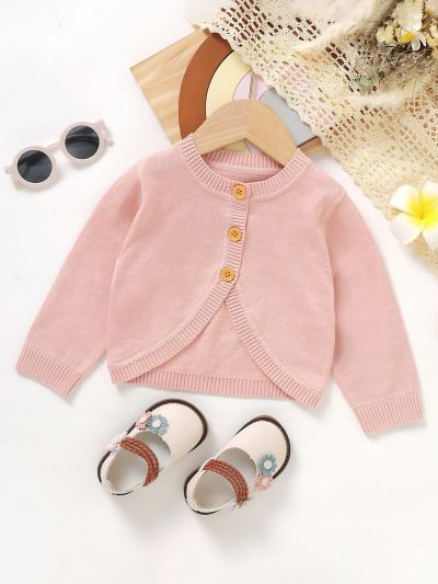 Solid Color Button Up Cardigan For Baby Girl