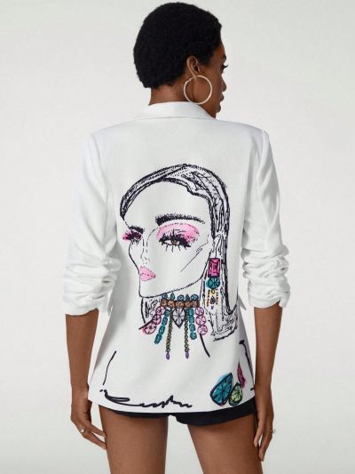 Alexis Vazquez Patterned Printed Ruched Sleeve Blazer