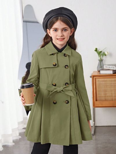 SHEIN Tween Girl 1pc Double Breasted Fold Pleated Belted Trench Coat