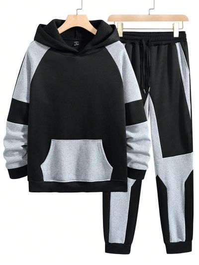 2pcs/set Men's Colorblocked Raglan Sleeve Hooded Sweatshirt And Pants