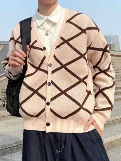 Men's Contrast Color Slanted Stripe V-neck Cardigan