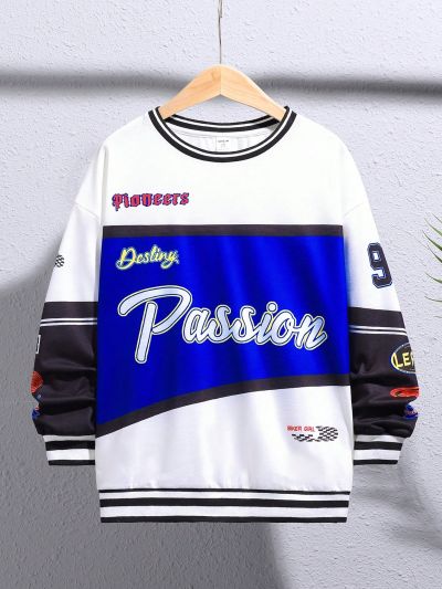 SHEIN Tween Boys Casual Street Style Letter Printed Round Neck Pullover Loose Knitted Sweatshirt