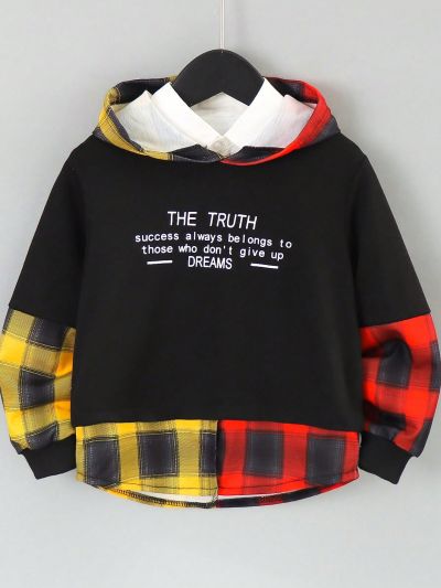SHEIN Boys' Multicolor Plaid Hooded Sweatshirt With Letter Print
