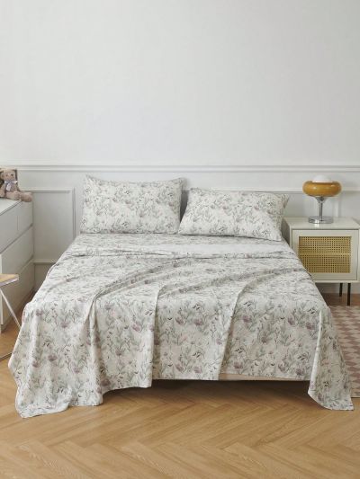 Flower Pattern Fitted Sheet Set Without Filler, 1pc Fitted Sheet & 1pc Flat Sheet & 2pcs Pillowcase, Modern Soft Bed Sheet Set For Bedroom