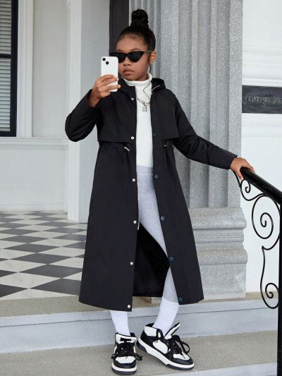 SHEIN Kids Cooltwn Tween Girl 1pc Drawstring Waist Trench Coat
