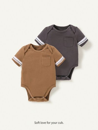 Cozy Cub Newborn Baby Boy's Color-Block Striped Round Neck Short Sleeve Bodysuits With Overlapping Shoulder, 2pcs/Set
