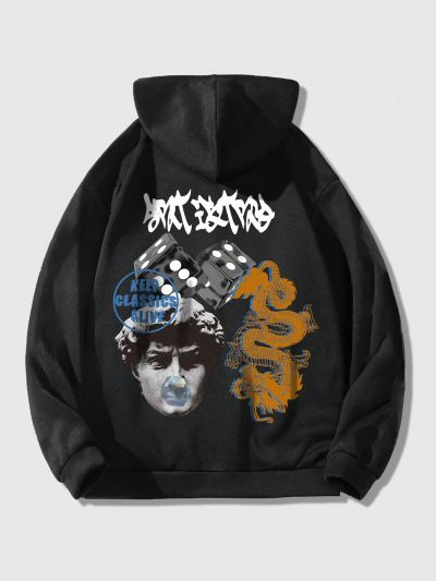 ROMWE Street Life Men's Letter & Dragon Print Zipper Front Hooded Fleece Sweatshirt
