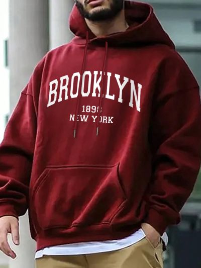 Men's Plus Size Hooded Sweatshirt With Kangaroo Pocket And Letter Print