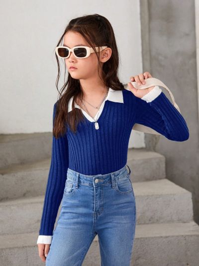 SHEIN Tween Girls' Casual Color Block Long Sleeve Pullover Sweater With Turn-Down Collar