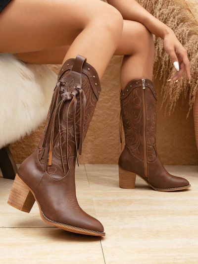 Styleloop Embroidered & Tassel Decor Side Zipper Chunky Heeled Western Boots