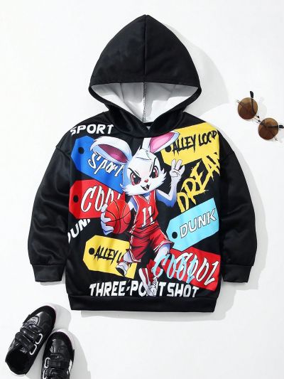 SHEIN Boys' Cute & Comfortable Cartoon Rabbit Pattern Hoodie
