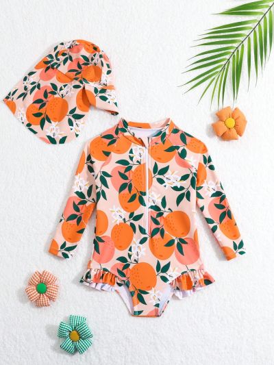 Baby Girl's Orange Printed Zipper Front One-Piece Swimsuit With Hat