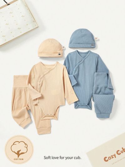 Cozy Cub Baby Boy Gift Box Round Neck Long Sleeve Romper Hat Pants Outfit Set