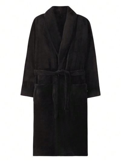 Men Solid Belted Dual Pocket Flannel Lounge Robe