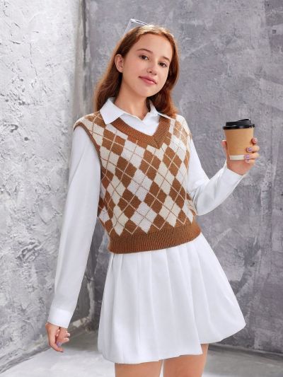 Teen Girls' V-Neck Diamond Pattern Sweater Vest