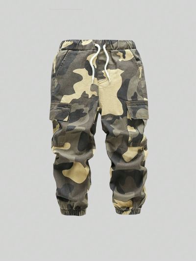 Young Boys' Green Street Style Camo Waist & Cuff Drawstring Jeans