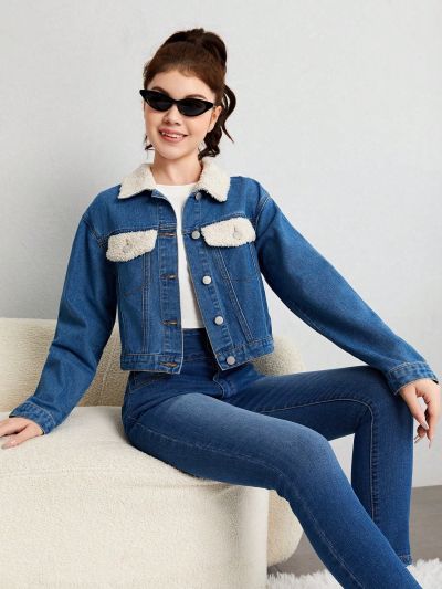 SHEIN Teen Girl Contrast Collar Flap Detail Denim Jacket