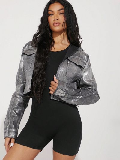 Minami Hooded Crop Metallic Denim Jacket