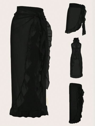 SHEIN Swim Summer Beach Ruffle Trim Tie Side Cover Up Skirt