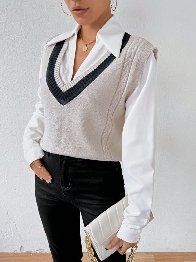 SHEIN Essnce Women'S V-Neck Color Block Knit Sweater Vest