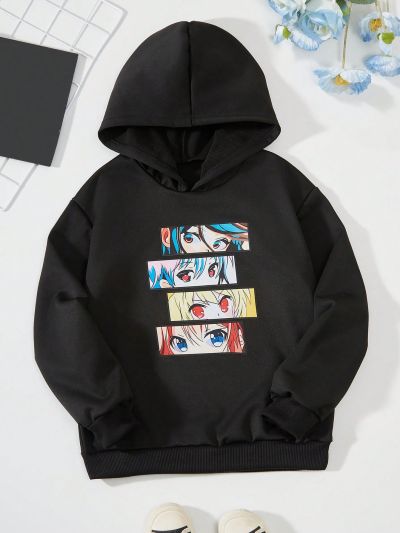 Tween Girls' Fashionable And Casual Hooded Cartoon Eye Pattern Printed Sweatshirt For Fall And Winter