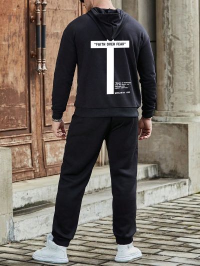 Men's Large Size Text Pattern Hooded Sweatshirt And Sweatpants Two-piece Set