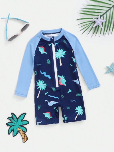 SHEIN Baby Boy'S Cartoon Color Block Long Sleeve One-Piece Swimsuit With Raglan Sleeves