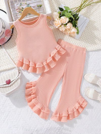 Toddler Girls Ruffle Trim Asymmetrical Hem Tank Top & Flare Leg Pants