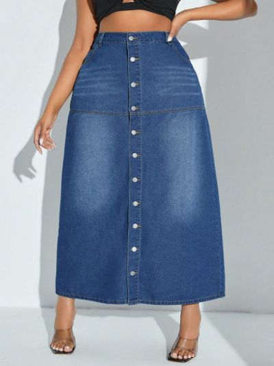 Plus Size Women's Single Breasted Denim Skirt