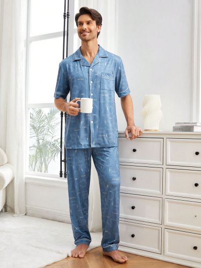 Letter Printed Polo Collar Short Sleeve Top And Pants Homewear Set