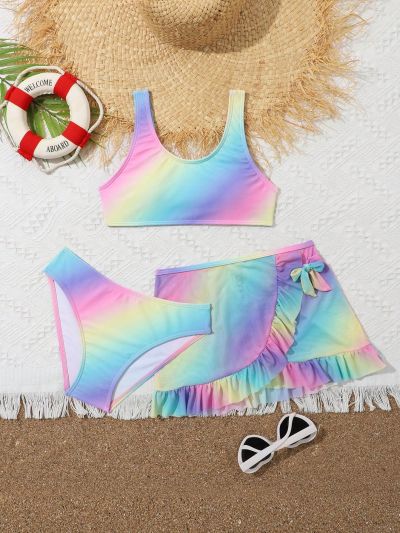 Tween Girl Gradient Color Separated Swimsuit Set, 3pcs