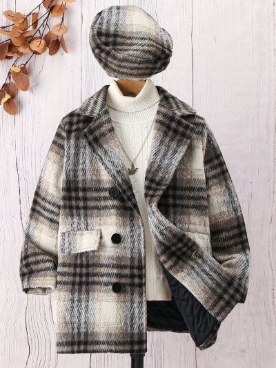 SHEIN Kids Nujoom Tween Girl 1pc Plaid Double Breasted Overcoat