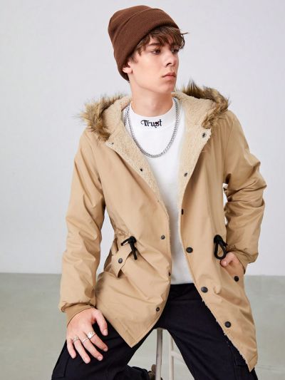 SHEIN Teen Boy Drawstring Waist Fuzzy Trim Hooded Teddy Lined Coat