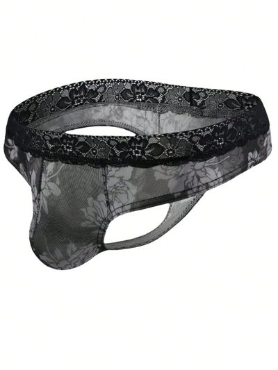 Men's Low-Rise Black Lace Thong