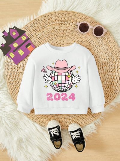 Baby Girls' Casual Long Sleeve Round Neck Fleece Pullover With 2024 New Year's Print, Suitable For Autumn/Winter