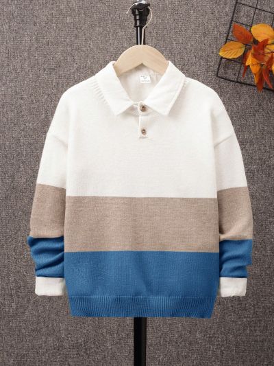 SHEIN Teen Boys' Loose Fit Academy Style Long Sleeve Pullover Sweater With Round Neck