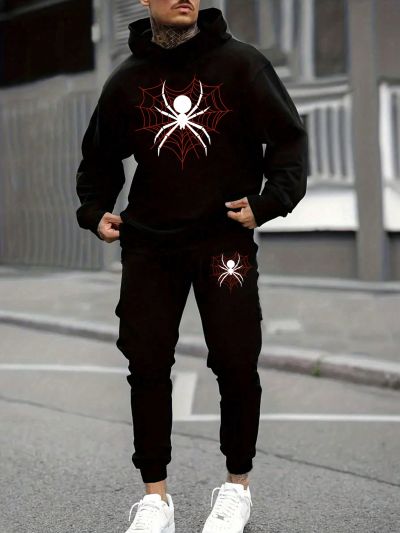 Men'S Spider Printed Hoodie And Pants Set