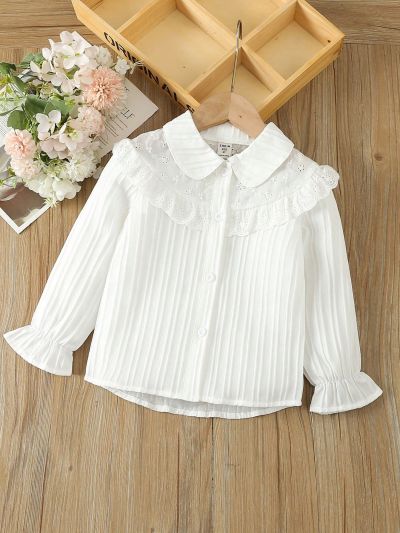 SHEIN Kids EVRYDAY Little Girl's Casual White Lace Doll Collar Lantern Sleeve Shirt Spring