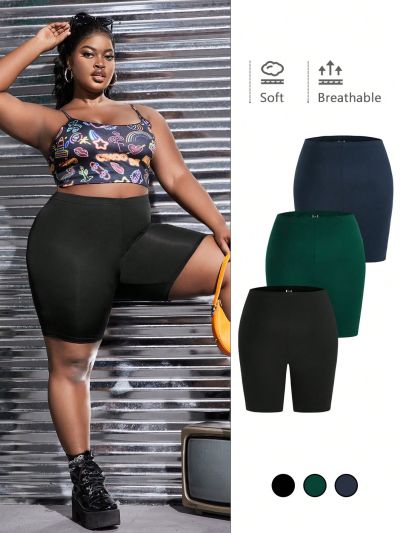 SHEIN CURVE+ Women's Plus Size Solid Color Cycling Leggings