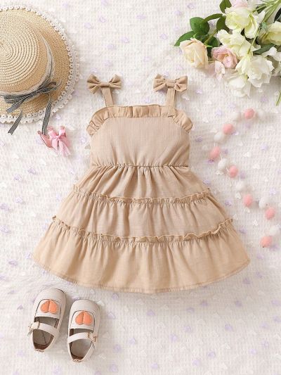 Baby Bow Shoulder Frill Trim Ruffle Hem Cami Dress
