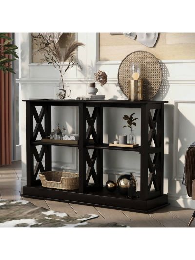 Console Table with 3-Tier Open Storage Spaces and "X" Legs, Narrow Sofa Entry Table for Living Room, Entryway and Hallway