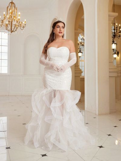 SHEIN Belle Tube Top, Curled Irregular Fishtail, Sequin Embroidery Splicing Mesh, Plus Size Wedding Dress