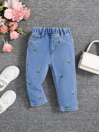 SHEIN New Arrival Cute Spring Vacation Style Baby Girl Embroidered Floral Skinny Jeans