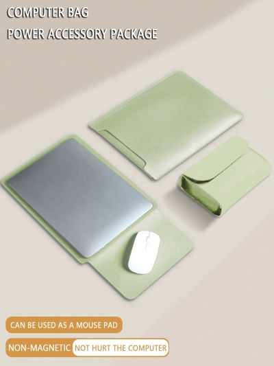 1pc Matcha Green Pu Leather Computer Protective Cover And Power Adapter Organizer For Apple Macbook Inner Bag Protection Cover